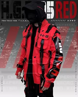 Buy Men's Techwear Red Jacket Hoodie Full Zip Buckle Holygrail H.G.B-05/RED • 250.74£