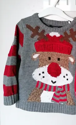Buy George Xmas Grey Red Interactive Reindeer Knitwear Girls Boys Jumper 3-4 Years • 6.99£