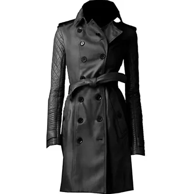 Buy Women's Style Trench Coat Street Wear Designer Sheepskin Black Leather Coat 199 • 162.44£