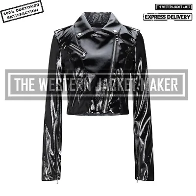 Buy Women Vinyl Crop Biker Jacket Women Latex Motorcycle Jacket Black Patent Jacket • 105.71£
