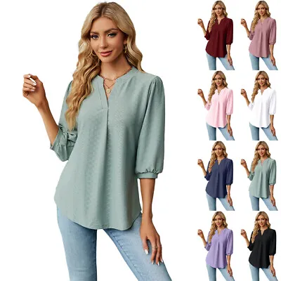 Buy Ladies Tops V Neck Solid 3/4 Sleeve Loose T Shirt Blouse Tunic Casual Holiday • 9.29£