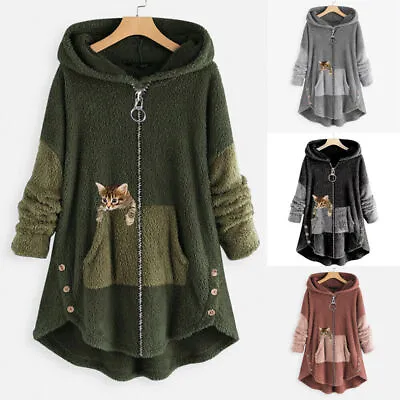 Buy Ladies Winter Fluffy Fur Coats CAT Zip Up Hooded Fleece Jacket Outwear Plus Size • 18.95£