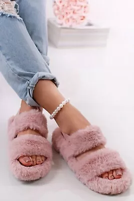 Buy Womens Warm Comfy Sliders Slipper Sandals Ladies Flat Fluffy Faux Fur Size 3-8 • 9.95£