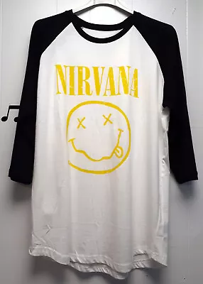 Buy Nirvana Smiley Face Raglan T Shirt New Official Size Large Rock Metal Grunge • 15£