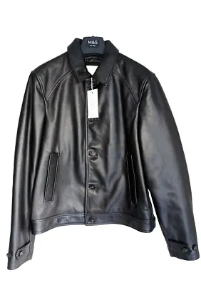 Buy New Marks & Spencer HERITAGE Dark Brown Real Leather Bomber Jacket Size Large  • 99.99£