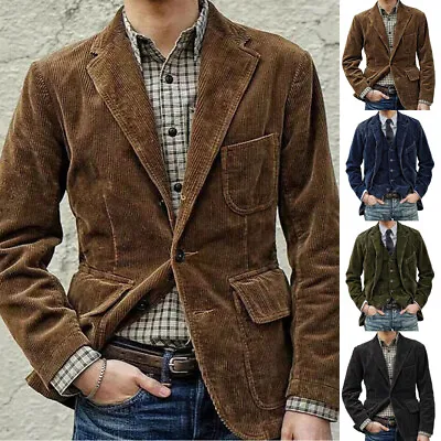 Buy Men Corduroy Jacket Pockets Button Retro Shoulder Pads Coat Coat  Winter Outwear • 26.05£