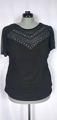 Buy Womens Top XL Black Embellished Flutter Sleeve Stretch Pullover Studded Tee • 23.14£