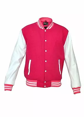 Buy Black/Red/Pink/Maroon/Blue/ Wool Varsity Bomber Jackets White Real Leather Arms • 79£