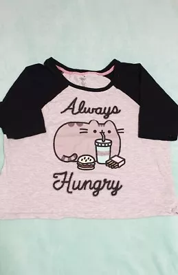 Buy Pusheen Cat Always Hungry Foodie Glittery Black Grey Raglan Tshirt Jumper Top • 4.99£