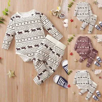 Buy Newborn Baby Boys Girls CHRISTMAS Outfits Deer Romper Tops+Pants Set Clothes • 12.99£