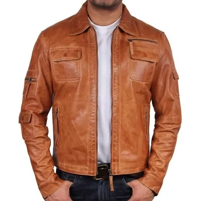Buy Men's Vintage Genuine Tan Leather Bomber Jacket, Motorbike Jacket • 89.99£