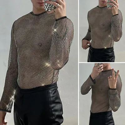 Buy Mens Long Sleeve Crew Neck Fishnet Mesh T Shirts Sexy Clubwear Party Blouse Tops • 11.39£