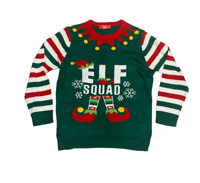 Buy Xmas Jumper LARGE Elf Squad Top Stripe Sleeves Green Red Christmas Knit Pullover • 6.99£