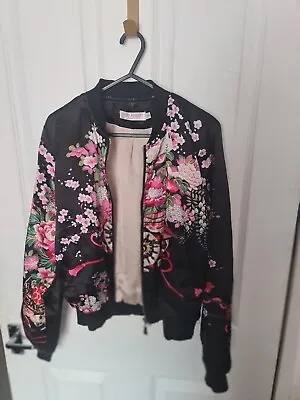 Buy Vibrant Pink Floral Decorative Black Silky Spring Summer Bomber Jacket Size S • 16.99£