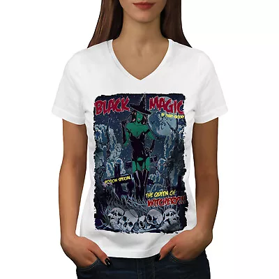 Buy Wellcoda Magic Girl Witch Womens V-Neck T-shirt, Witchery Graphic Design Tee • 15.99£