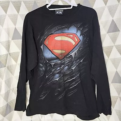 Buy Men's Ripped Style Superman DC Comics Black Long Sleeve Top Size XL • 12£