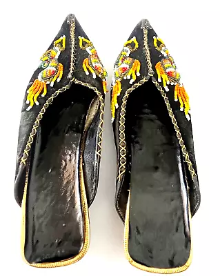 Buy Moroccan Turkish Persian Girls Black Velvet Slippers Shoes Beaded Suede Aladdin • 9.95£