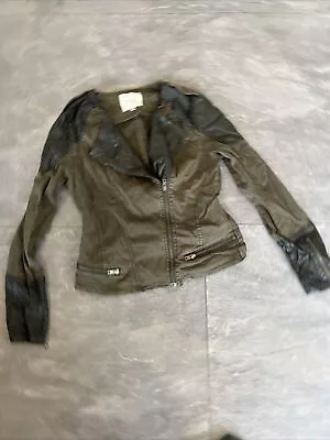 Buy Ambika Khaki Green Denim & Faux Leather Biker Jacket Medium Sz 8 10  • 4.99£