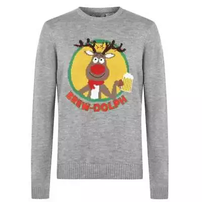 Buy Star Mens Brew Dolph Rudolph Reindeer Beer Ale Christmas Jumper Grey Medium • 15.99£