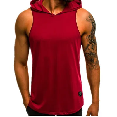 Buy Mens Sleeveless Pullover Vest Casual Gym Fitness Hooded Tank Tops Muscle T-Shirt • 9.33£