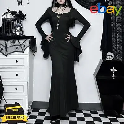 Buy Zipper Closure Black Maxi Dress Gothic Style Women V Neck Elegant Party Clothing • 14.97£