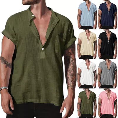 Buy Mens Solid Casual T Shirt Short Sleeve Loose Fit Button Down Summer Beach Tops • 3.49£