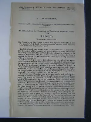 Buy Government Report 1878 Relief Of A.L.H. Crenshaw Payment Of 55 Mules Civil War • 17.84£