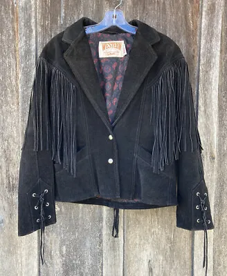 Buy Vintage Western By Schott NYC Black Leather Suede Fringe Jacket Women’s Size 10 • 130.29£
