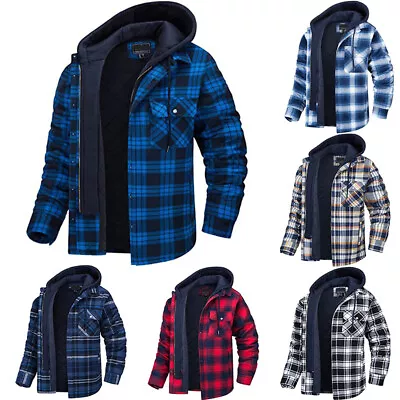 Buy Men's Plaid Flannel Shirt Jacket Quilted Lined Pocket Warm Zip-Up Hoodie Tops ~ • 15.59£