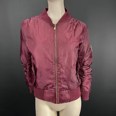 Buy Womens Bomber Jacket S Burgundy Red Cherry Zip Ribbed Neck Hem Cuffs Outdoor • 9.25£