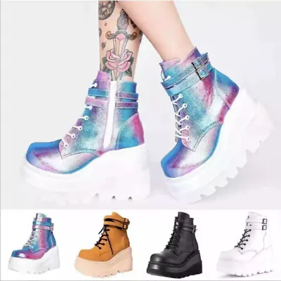 Buy Womens Chelsea Ankle Boots Chunky Sole Ladies Heel Platform Goth Punk Shoes Plus • 8.39£