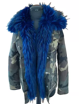 Buy Khaki Military Jacket Vegan Shearling Faux Fox Fur Trim Jacket Coat Sz S UK8-10 • 20£
