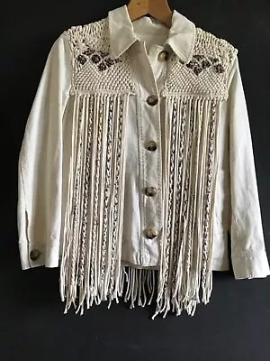 Buy ZARA COWBOY/ BOHO Cream Denim Jacket 14, Tassels An Decorated With Love Beads • 26.99£