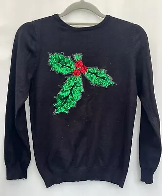 Buy Christmas Jumper Peacocks Size 8 Sequin Holly Black Knit Polyester Blend Womens • 6.15£
