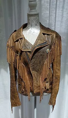 Buy Ladies 1980's Vintage Real Leather Jacket With Tassels Size S ~ Brown/Lined • 36£