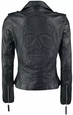 Buy Woman's Classical Black Real Leather Jacket With Skull Slim Fit Biker Motorbike  • 142.08£