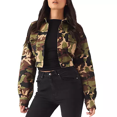 Buy Womens Denim Camo Military Jacket Ladies Long Sleeve Cropped Coat Size 6 - 14 • 32.99£