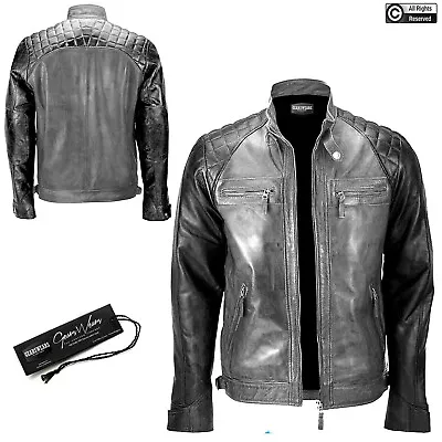 Buy Mens Grey & Black Biker Motorcycle Vintage Cafe Racer Genuine Leather Jacket • 229.99£