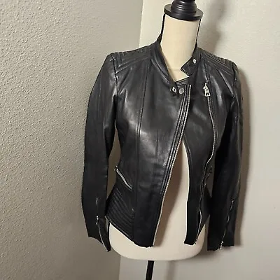 Buy H&M Divided Black Cropped Faux Leather Moto Jacket Zip Sleeves Women’s Size 2 • 24.62£