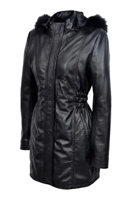 Buy Ladies Hooded Trench Leather Jacket Black Real Women Leather Casual Style Design • 132£