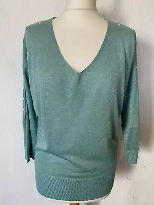 Buy Next Sparkly Jumper 8 (10) Light Green Fine Knit Batwing Beaded Party Cocktail • 11.99£