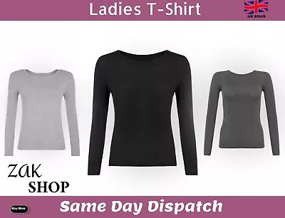 Buy Womens Long Sleeve Round Neck Plain Basic Ladies Stretch T-Shirt Top UK 4-22 • 5.45£
