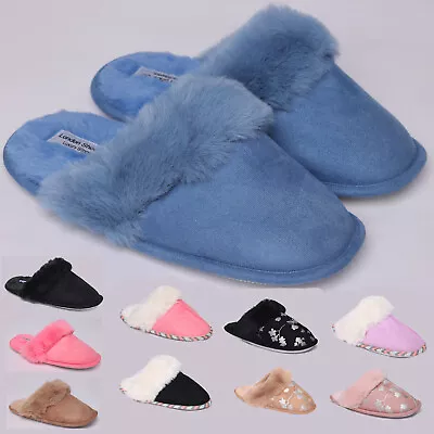 Buy Ladies Slip On Mule Slippers Faux Suede & Warm Fur Lining Size 3 To 8 UK • 9.99£