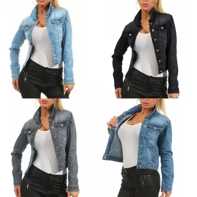 Buy Ladies Casual Jacket Womens Trucker Denim Stretch Long Sleeve Blue Classic Coat • 17.99£