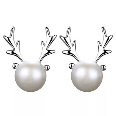 Buy 925 Sterling Silver Christmas Reindeer Pearl Stud Earrings Womens Jewellery Gift • 2.29£
