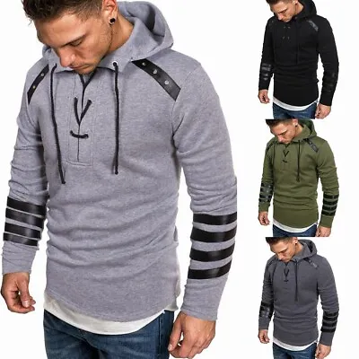 Buy Edgy And Fashionable Men's Gothic Hoodies Pullover Tops With Lace Up Neck • 22.91£