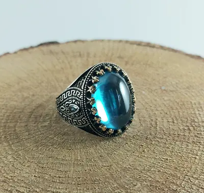 Buy 925 Sterling Silver Handmade Men's Ring With Oval Shape Blue Aquamarine Stone • 59.53£