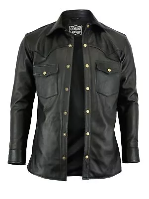 Buy Men's Casual Biker Vintage Black Genuine Real Lambskin Leather Shirt Retro Moto • 20.17£
