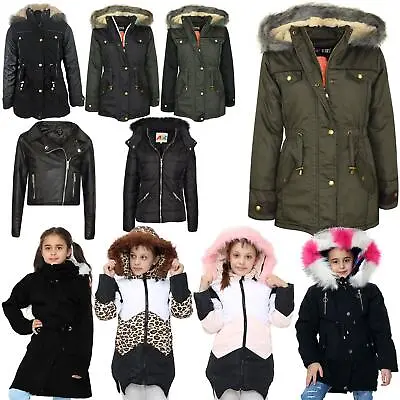 Buy Kids Hooded Parka Jacket Faux Fur Warm Coat New Fashion Girls Age 2-13 Years • 14.99£