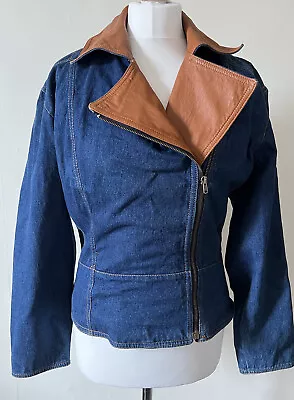 Buy Astraka Of London Vintage Denim And 100% Leather  Collar Jacket UK 10 - 12 Zip • 34.99£